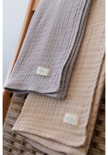 Pamuk 4 Katlı Müslin Battaniye Seti 2'li Bej ve Gri Bej Gri