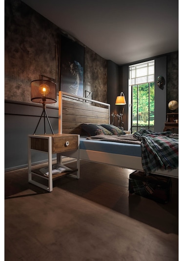 Ariane Ahşaplı Çift Kişilik Metal Karyola Beyaz Ahşap Latalı