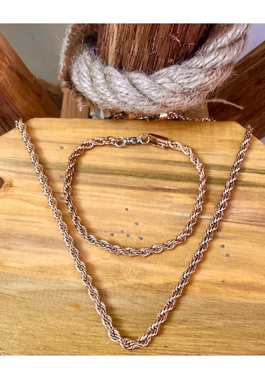 Unisex Rosegold Kalın 3mm Burgu Çelik Kolye Ve Bileklik Set Rose Gold