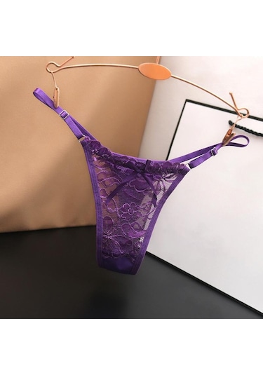 Mor Hottie Ayarlanabilir Ince Kayış Thongs Düşük Bel Şeffaf Dantel Külot G-string Külot Kadın İç Çamaşırı Mor