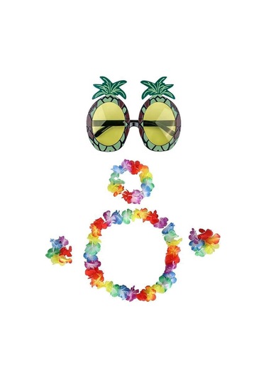 Renkli Ananas Gözlük, Taç, Kolye Ve Bileklik Seti