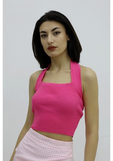 Boyun Geçirmeli Triko Büstiyer Fuşya - P-019915 Çok Renkli