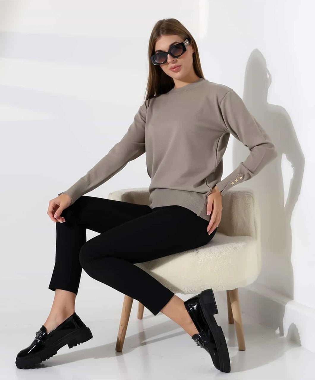 Gündelik Şıklık Kol Düğme Detay Triko Kazak Vizon