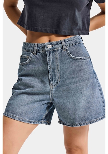 Itsbasic Kadın Koyu Kot Rengi 2s6-125 Mom Fit Midi Boy %100 Koton Denim Şort