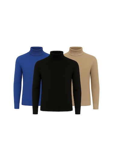 3'lü Paket Yarım Boğazlı Erkek Kazak Bej - Siyah