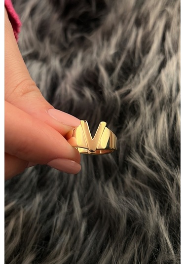 Fiyonk Kuyumculuk 14 Ayar Altın Taşsız V Harfli Yüzük 001