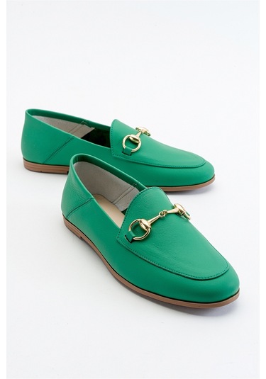 Luvishoes F03 Koyu Yeşil Cilt Hakiki Deri Kadın Babet Koyu Yeşil