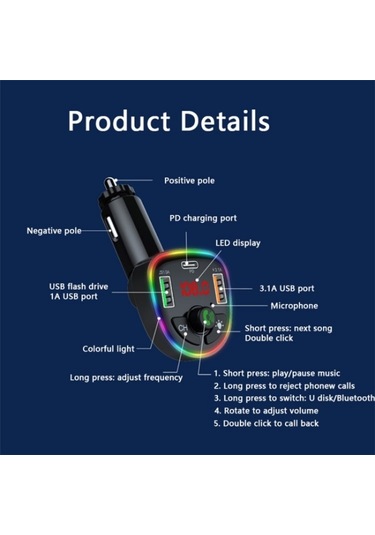 Sones P24 1 Type-c + 2 Usb Araç Şarj Cihazı Araç Bluetooth Müzik Çalar Gerilim Algılama