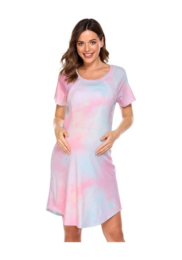 Mufunye Xl Pembe Kadın Emzirme Elbise - Hamile İçin Rahat Pijama,扎染 Desenli Günlük Giyim, Kaliteli Kumaş, Stokta Var