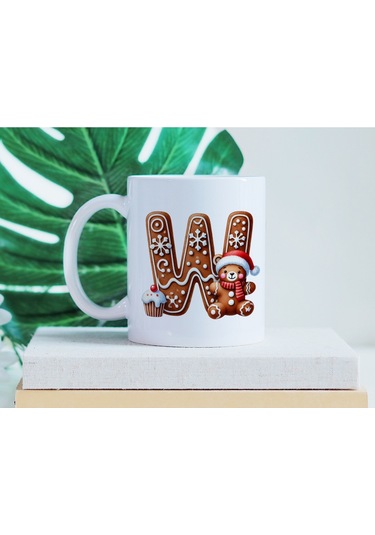 W Kurabiye Harf Ve Ayıcık Detaylı Kupa Bardak - Yeni Yıl / Yılbaşı Temalı Tasarım - Noel Hediye Beyaz