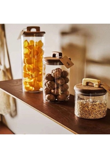 Pazly Şeffaf Cam Kavanoz Ahşap Saplı Kapaklı Depolama Kavanoz 1400ml Mutfak İçin Şeffaf
