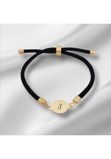 J Harfine Özel Oval Motifli İpek Örgülü 14 Ayar Altın Plakalı Hediye Bileklik-320harf-siyah Altın
