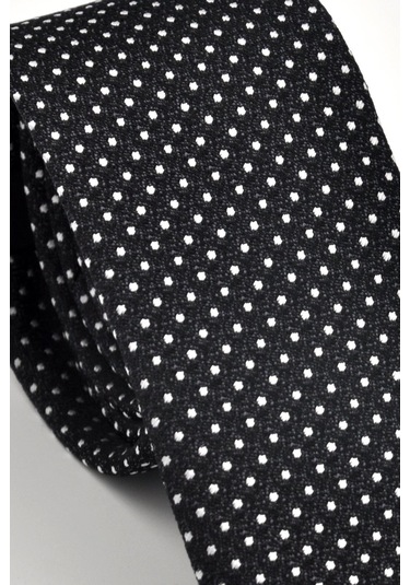 Beyaz Noktalı Puantiye Desenli Siyah Dokuma Kumaş Mendilli Slim Fit Kravat // Sdk230913 Siyah