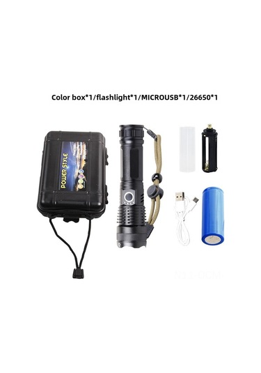 Qingmipy Xhp50 Led Alyuminyum Feneri, Usb Şarjlı, Güç Göstergeli, 500m Zoomlu, Dayanıklı Av Kamp Ev Koruma Işığı 5058+26650+usb Kablosu+kutu