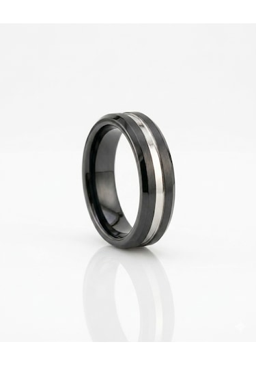 Erkek Silver Renk Çizgi Detay 6 Mm Tungsten Yüzük Silver - Siyah