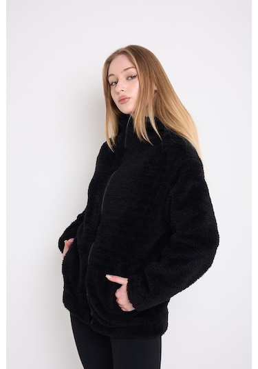 Kadın Siyah Peluş Rüzgar Geçirmez Welsoft Çift Cepli Kapüşonlu Kışlık Mont Siyah