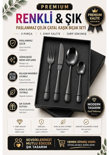 Premium Paslanmaz Çelik Çatal, Kaşık Ve Bıçak Seti Modern Siyah Renk 4 Parça