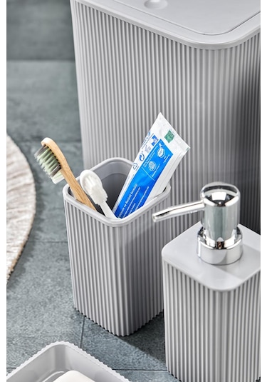 Line 5 Parça Kare Banyo Seti - Çöp Kovası Wc Fırçası Sıvı-katı Sabunluk Diş Fırçası Gri