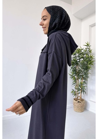 Kapüşonlu Merserize Elbise - Füme