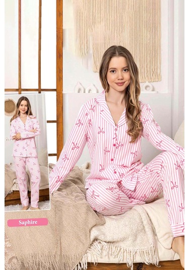 Kadın Fiyonk Desen Düğmeli Saphire Pijama Takımı 0376 Pembe Pembe