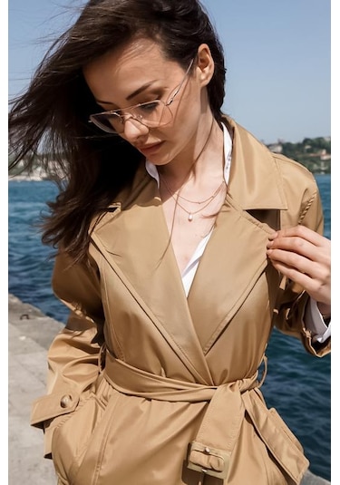 Düğmeli Kemerli Uzun Klasik Trençkot 2115 Camel