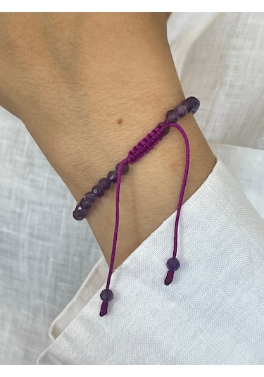 14 Ayar Altın Dorika Detaylı Doğal Amatis Taşlı Unisex Altın Bileklik Altın