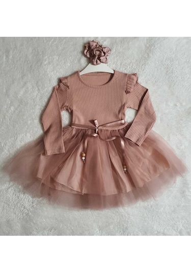 Kız Çocuk Gül Kurusu Tül Pamuklu Uzun Kol Özel Gün Doğum Günü Abiye Hediye Günlük Prenses Elbise Pembe