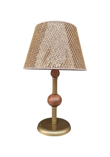 Çift Ahşaplı Abajur Eskitme Rattan Kahverengi Şapkalı Kahverengi