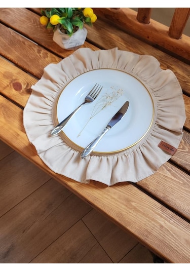 Lizbon Keten Yuvarlak Fırfırlı 2 Li Vintage Amerikan Servis Bej 40x40