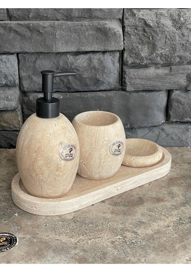 Bej Traverten Oval Model 4,lü Banyo Seti Beyaz