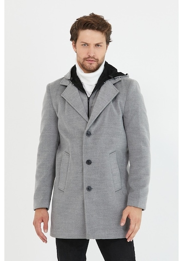 Erkek Açık Gri Yün Karışımlı Kaşe Kapüşonlu Önü Fermuarlı Kaban-Açık Gri