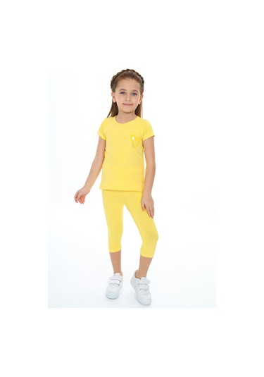 Toontoy Kız Çocuk Varaklı Kalp Baskılı Kaprili Takım Koyu Sarı