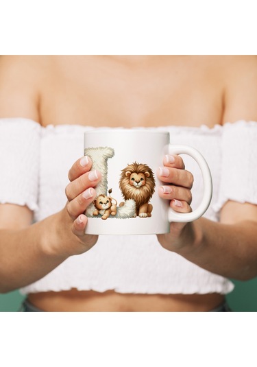 L Harfi Tasarım Bardak, Sevimli Hayvan Temalı Harf Bardağı Beyaz