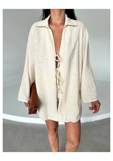 Taş Rengi %100 Keten Bağcık Detaylı Kimono Bluz Taş