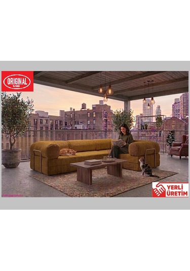 Herev Max 300x200 Kk Köşe Koltuk Takımı / Fitilli Kadife Kumaşlı Şark Köşe Hardal