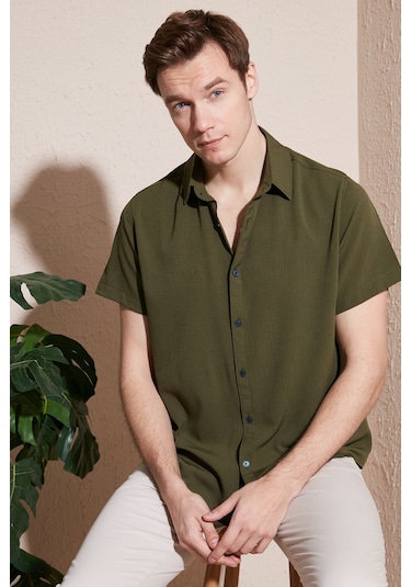 Buratti Pamuk Karışımlı Kısa Kollu Regular Fit Erkek Gömlek Cf23S113139 Haki