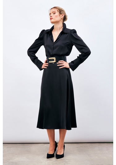 Sateen Midi Boy Saten Etek - Siyah