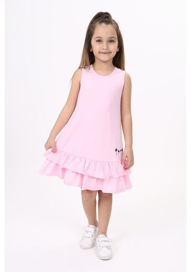 Toontoy Kız Çocuk Palmiye Baskılı Fırfırlı Elbise Açık Pembe