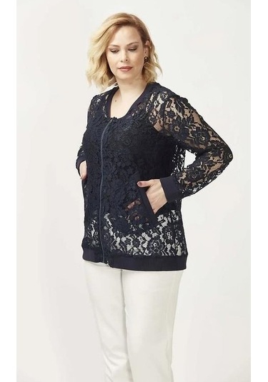 4030 Dantel Fermuarlı Büyük Beden Ceket Lacivert