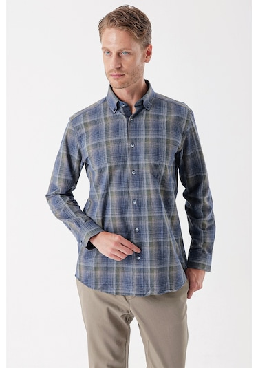 Koyu Lacivert Uzun Kollu Ekoseli Düğmeli Yaka Cepli Garnili Pamuklu Klasik Comfort Fit Gömlek 1004235143-koyu Lacivert Koyu Lacivert