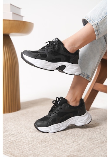 Garantili D0164 Günlük Ortopedik Kadın Sneaker Spor Ayakkabı Siyah-beyaz