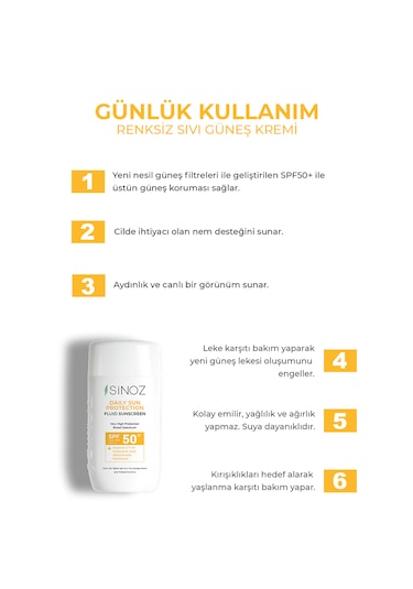 Sinoz Günlük Kullanım için Yüz Güneş Kremi SPF50+ 50 ML