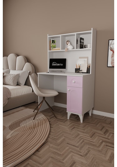 Df09106 Çekmeceli Kapaklı Kitaplıklı Çalışma Masası Bilgisayar Masası Pembe