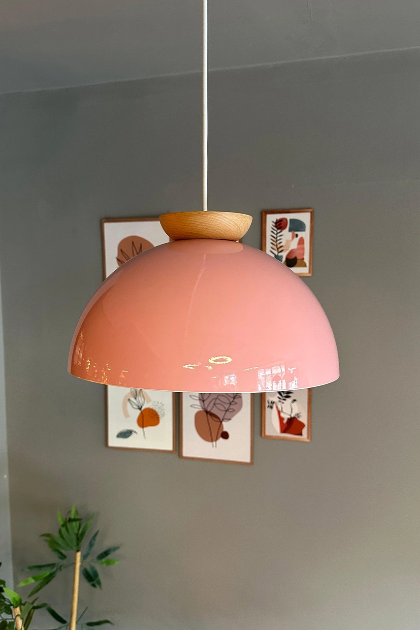 Yimpi Pembe Avize Ahşap Tekli Sarkıt Salon Kuaför Cafe Dekoratif Aydınlatma Pastane Pembe