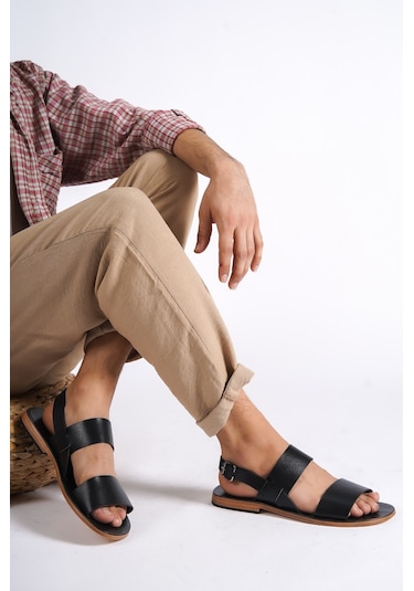 Sur Sandalet El Yapımı Kösele Erkek Deri Bodrum Sandalet Siyah