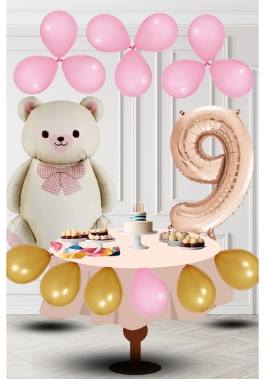 9 Yaş Retro Folyo Krem Ayıcık Pembe Gold Balon Rose Gold Rakam Doğum Günü Süsleme KREM