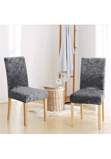 Upmall Kadife Sandalye Örtüsü, Kılıfı Lastikli Antrasit 6 Adet