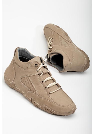 Hakiki Deri Nubuk Erkek Bot Bej Elastik Bağcıklı Saraçlı Taban-3488 Bej