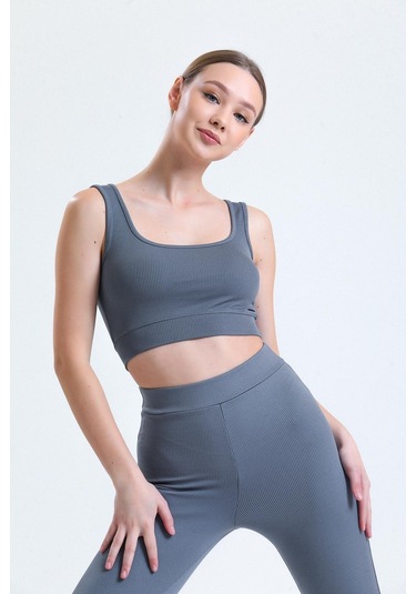 Yeşil Fitilli Kare Yaka Esnek Örme Crop Büstiyer Atlet Antrasit