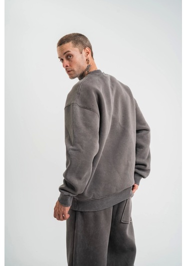 Unisex Uzun Kol Bisiklet Yaka Yıkamalı Sweatshirt - Füme Anrasit